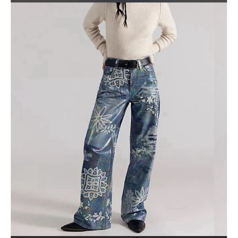 NWT We The Free People Tinsley High Rise Metallic Illusions Jeans Print 24 S